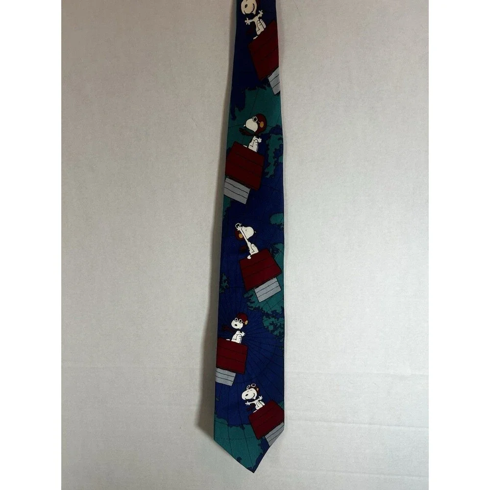 Peanuts Snoopy Flying Ace Red Baron Blue Novelty Silk Tie Mens Vintage Necktie